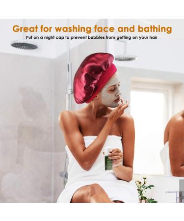 Petyoung 3 Pack Satin Sleep Caps for Women & Girls - Elastic Wide Band Beanie Hat for Curly Hair - Wine Red, Black, Silver - Buy Online on GoSupps.com