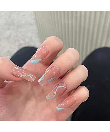 JUSTOTRY 24 Pcs False Nails Short Pale Blue Swirl Almond Press on Nails with Designs Pink Acrylic Nails Press on Stick on Nails for Women Acrylic Fake Nails with Glue for Women Nails Art Light blue grain French