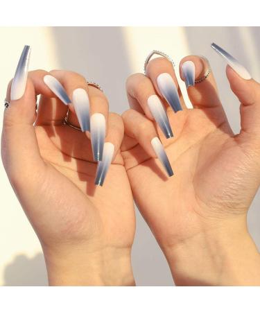 Bohen long coffin false nails glossy grade fake nail ballerina party 24 pcs press nail for women and girls (gray) geometric