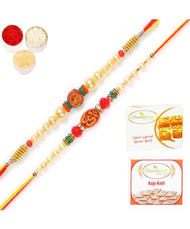 Ghasitaram Gifts Rakhi for Brother Rakhis Online - Set of 2 6135 6276 Om Pearl Rakhi Threads with 200 GMS of Besan Barfi and 200 GMS of Kaju Katli