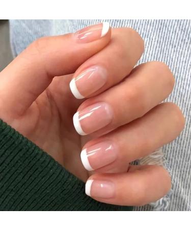 White French Tip Press on Nails Short Square Fake Nails Glossy Pink Nails Full Cover Glue on Nails Acrylic False Nails Cute Artificial Stick on Nails for Women Girls DIY Nail Salon - 24PCS 1