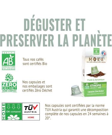 MOKA 10 Capsules 100% Pure Organic Ethiopian Arabica - Compatible with Nespresso Capsule Machines - Intensity 8 - Biodegradable and Home Compost - Espresso and Lungo - Roasted in France - Buy Online on GoSupps.com