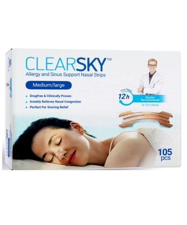ClearSky Medium Size Nasal Strips Drug-Free Nose Strips for Breathing with Ease, Opens and Clears Nasal passages for Easier Breathing, Relieving Nasal Congestion and reducing Noisy snoring - 105 pcs