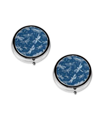 Blue Dragonfly Printed Mini Round Pill Box Pill Box 3 Compartment Medicine Pill Case Pill Organizer Travel Pillbox Portable Pill Box for Pocket Home Office Use