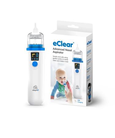 Elepho eClear Advanced Baby Nasal Aspirator. Easy-to-Use with Overflow Protection Technology. Multiple Suction Settings Use for Babies and Children. Single Button Use. Easy Cleaning. USB Rechargeable