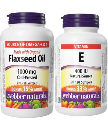 Webber Naturals Flaxseed Oil 1000 mg 210 Softgels Plant Source Omega-3 For Heart Brain and Cardiovascular Health & Vitamin E 400 IU 120 Softgels Natural Source of Vitamin E Antioxidant Support SUPPLEMENT + VITAMIN ECS165693