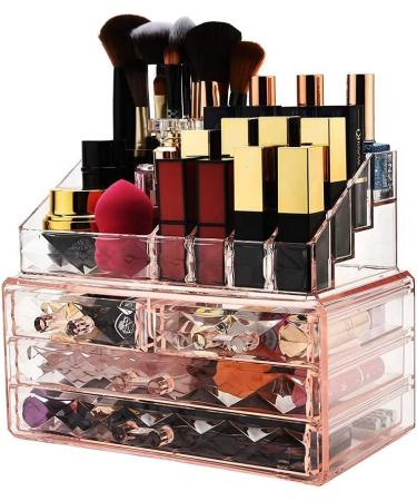 Pink Diamond Jewelry & Cosmetic Box with Brush Holder - Storage Display Cube with 4 Drawers - 2 Piece Set - Buy Online on GoSupps.com