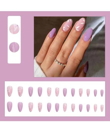 JUSTOTRY Almond False Nails - 24 Short Light Purple Press on Nails with White Flower Designs - Oval Acrylic Fake Nails for Women - Includes Glue - Nail Art - Buy Online on GoSupps.com