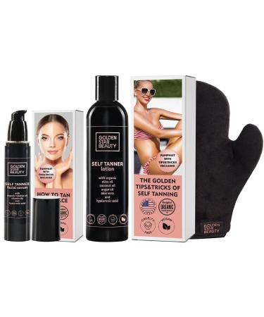 Face Tanner Serum and Self Tanning Lotion with a Mitt - Self Tanners Best Sellers with Organic Oils for Natural Sunkissed Glow