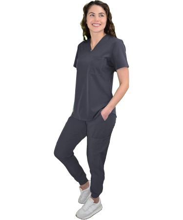 Green Town Women's V-Neck Tuck-In Top & Slim Fit Jogger Yoga Pant Scrub Set - Medium Pewter | GT 4FLEX Nursing Wear - Buy Online on GoSupps.com