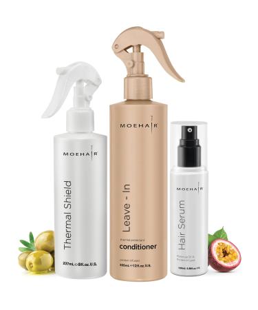 MOEHAIR Leave-in Conditioner (12 Fl. Oz) Heat Protection Spray for hair (8 Fl. Oz) and Frizz Ease Serum (3.34 Fl. Oz) | Sulfate & Paraben Free
