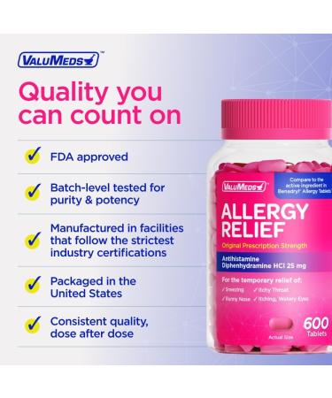 ValuMeds Allergy Medicine - 600 Tablets, Antihistamine Diphenhydramine HCl 25mg - Relief for Children and Adults, Itchy Eyes, Runny Nose, Sneezing - Buy Online on GoSupps.com