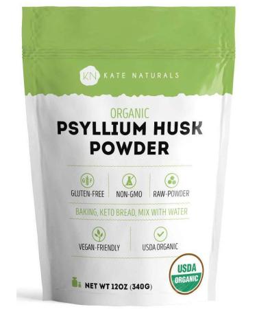 Psyllium Husk Powder for Fiber Supplement and Keto Fiber (12 oz) by Kate Naturals. USDA Organic Fiber Powder Unflavored, Gluten Free, Non-GMO. Organic Psyllium Husk Powder for Baking & Low Carb Bread 12 Ounce (Pack of 1)