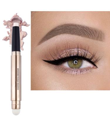 2 in 1 eyeshadow stick and Sponge Makeup Brush  Smooth Cream Shimmer Shadow Pencil Long Lasting Waterproof Eye Shadow Highlighter Stick Makeup  Hypoallergenic Highlighter Multi-Dimensional eyes Look 02 Sand