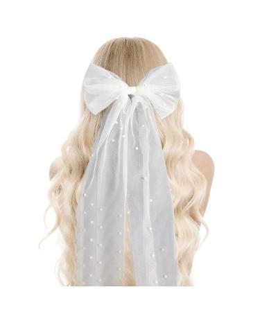 Bachelorette Party Decorations Pearl White Hair Bow - Bridal Veil Hair Clip Bridal Shower Gift  Bridesmaid Favors  Girls Large Hair Bow Veil Pre-wedding Party Supplies