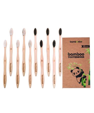 bambonice Natural Bamboo Toothbrushes (10 Pack) for Adult or Big Kids - Soft + Organic