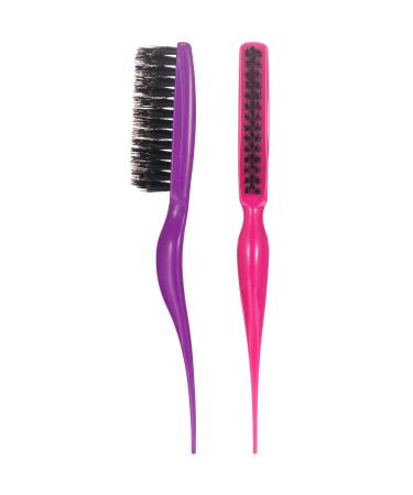 2 Pieces Boar Bristle Brush Comb Hair Teasing Brush for Women Men Salon Boar Nylon Bristle Beauty Styling Backcombing Brush (Fuchsia and Purple)