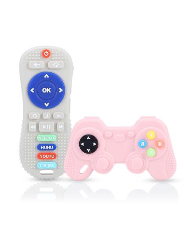 IRVY Silicone Teething Toys 2-Pack - TV Remote Control & Gaming Handle Joystick for Babies from 6 Months - Gamepad for Boys Girls Baby Molar Teether Chew Toys Set Gift (Pink + Gray)