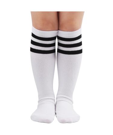 DRESHOW BQUBO Kids Toddler Soccer Socks Striped Knee High Cotton Uniform Sports Long Tube Socks for Boys Girls Child 1 Pair: White/Black Stripe 3-6 Years
