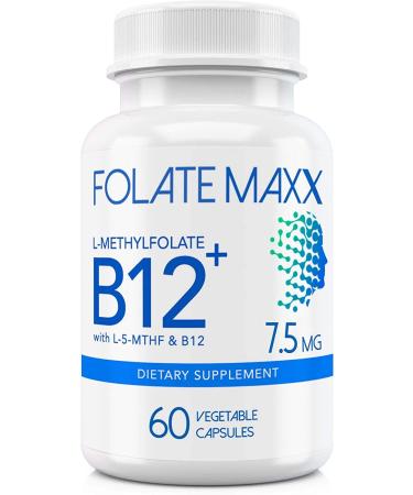 FOLATE MAXX FolateMaxx L-Methylfolate + B12 Methylcobalamin Blend 7.5mg - 60 Capsules - Active Folic Acid & Methylated B12-5-MTHF & B12 Supplement for Men & Women - Non GMO Gluten Free No Fillers