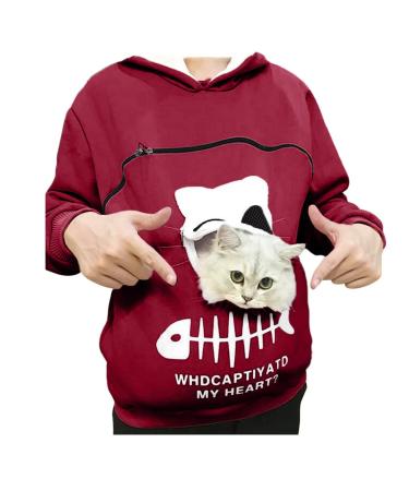 Pet Carrier Hooded Sweatshirt for Men Women Cat Dog Kangaroo Poppy Pouch Holder Shirt Pullover Top Plus Size Blouse Wine Large