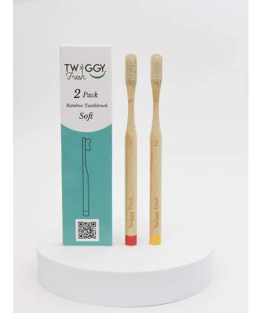 TWIGGY FRESH Eco-Friendly 2Pack Adult Bamboo Toothbrush. BPA Free Dupont Soft bristles. 100% Biodegradable Handle.