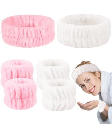 6Pcs Spa Headband with Wristbands Set for Washing Face - 2 Facial Headband and 4 Wrist Washband Microfiber Headband Wristband Scrunchies for Women Girls Prevent Liquids from Spilling Down Your Arms Pink & White