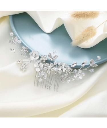 Silver Crystal Flower Bride Wedding Hair Comb - Rhinestone Bridal Hair Piece with Vintage Leaves - Hair Accessories for Women and Girls - Buy Online on GoSupps.com