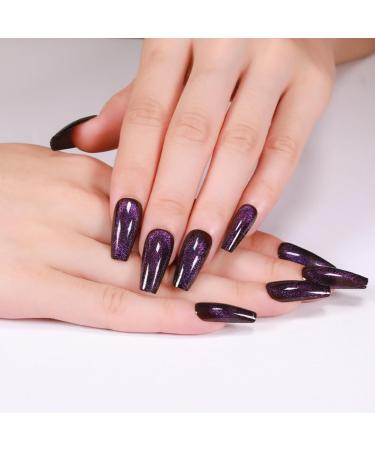 Press On Nails - Midnight Purple | Dark Glitter Velvet Coffin Nails | 24 Reusable Cat Eye Design for Women and Girls - Buy Online on GoSupps.com