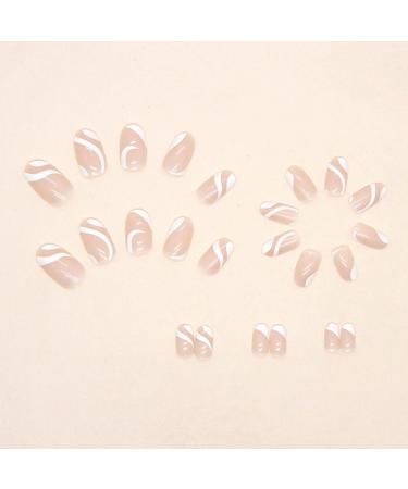 Justotry 24 Pcs Swirl Oval Short White French Press on Fake Nails - Trendy Round Almond Medium Stick on Nails with Nail Glue for Women's Nail Art - Buy Online on GoSupps.com