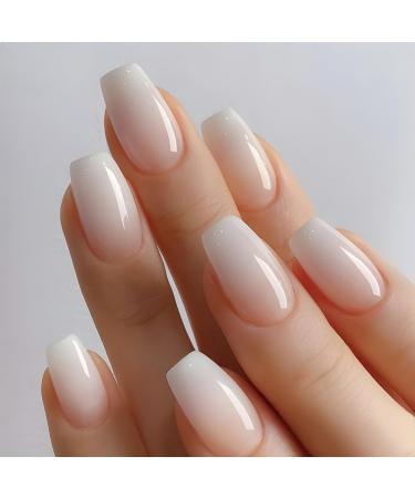 24 pieces of angular nails to stick on short nude color gradient french artificial nails ballerina natural artificial nails press on nails full cover square fingernails fingernails fake nails for women and girls