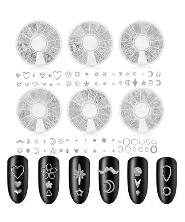 Nail Art Decals 3D Metal Nail Studs Design Decor 6 Boxes Nail Art Charms Decoration Accessories Punk Star Moon Heart Triangle Square Nail Art Jewels Decal for Women Girls Fingernails & Toenails Decorations Supplies Tips Manicure-Silve