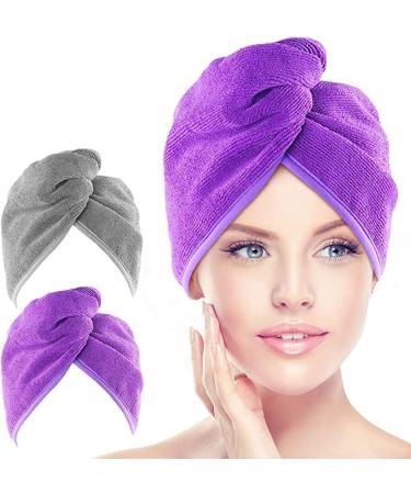 AIDEA Microfiber Hair Towel Wrap for Women, 2 Pack 10 inch X 26 inch, Super Absorbent Quick Dry Hair Turban (Grey+Purple)