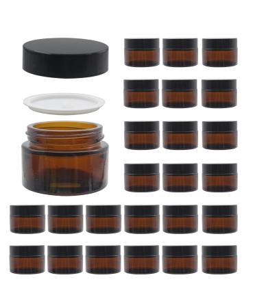 BPFY 24 Pack 1 oz Round Amber Glass Cosmetic Jars with Lids And Inner Liners, Travel Glass Jars, Refillable Cosmetic Containers for Ointments, Lotion, Lip Scrub, Makeup, Eyeshadow, Slime, Paint Amber 1oz