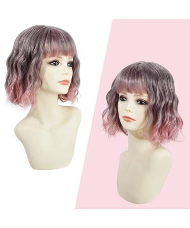 Parxitn Short Bob Wig with Ponytail - Natural Ombr Pink Synthetic Hair | Colorful Wavy Curly Wigs for Daily Party Halloween & Cosplay - Buy Online on GoSupps.com