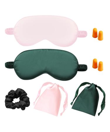 Silk Sleep Mask Silk Sleep Eye Cover with Ear Plugs and Silk Hair Loop and Silk Storage Bag with Elastic Strap Effective Shading Blindfold for Women Men.( Pink & Dark Green)