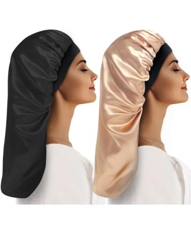 Long Satin Bonnet Sleep Cap 2PCS Long Bonnet for Braids Hair Soft Elastic Band Loose Cap Bonnets Silky Sleeping Cap for Long Hair Dreadlocks Curly Hair(Black+Gold)