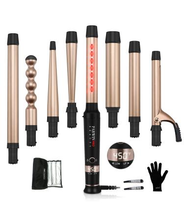 Infrared 8 in 1 Curling Iron Set with 8 Ceramic Barrels Interchangeable Hair Curler Wand for Long Hair Professional Curling Wand Set with LED Temperature Control Glove and 2 Hair Clips