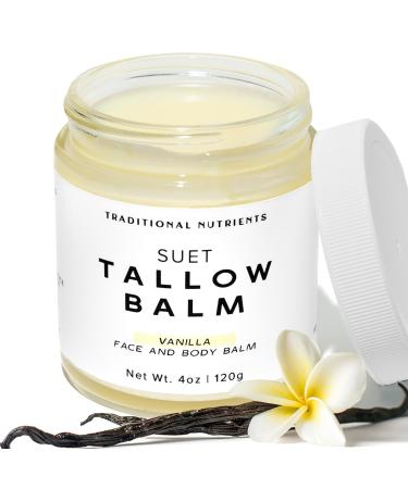 Suet Beef Tallow + Raw Honey Balm for Skin with Vanilla Essential Oil Natural Grass Fed Tallow Moisturizer for Face and Body (4oz)