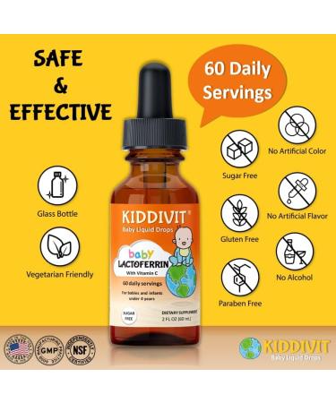 Kiddivit Baby Lactoferrin Liquid Drops - 2 Fl Oz - Sugar Free, Gluten Free, Vegetarian - With Inulin Prebiotic Fiber - 60 Daily Servings - Buy Online on GoSupps.com