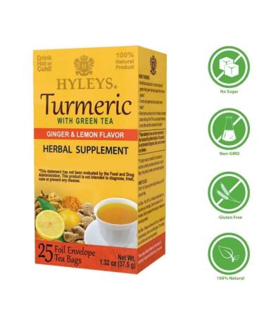 Hyleys Ginger Turmeric Tea Lemon Flavor - 25 Tea Bags (12 Pack - 300 Tea Bags Total) - Wellness Herbal Supplement Green Tea Ginger with Lemon 25 Count (Pack of 12) - Buy Online on GoSupps.com