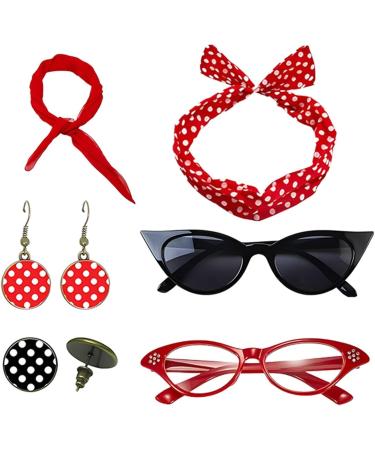 Polka Dot Headband - Drop Earrings Headbands 1950s Outfi Set Vintage Polka Dot Hair Bands with Chiffon Scarf Eye Glasses for Girls Red One Size - Buy Online on GoSupps.com