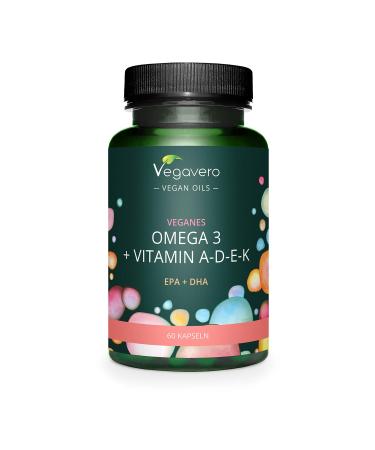 Omega 3 + Vitamins A D3 E K2 | Unique & VEGAN | With EPA and DHA | Premium Quality: life's OMEGA | Cardiovascular Health | 60 Capsules | Vegavero