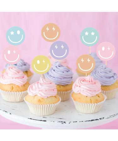 Whaline 36Pcs Preppy Smile Face Cupcake Toppers 6 Designs Paper Cake Decor Cute Cupcake Picks for Y2K Bachelorette Birthday Party Supplies Photo Booth Props - Buy Online on GoSupps.com