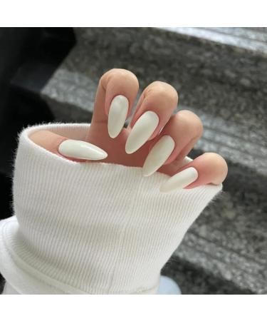 JUSTOTRY 24 Pcs Almond Short False Nails Glossy Beige White French Press on Nails Pattern Trendy Fake Nails Short with Nail Glue Oval Medium Stick on Nails for Women Nails Fake Nail for Nails Art white1