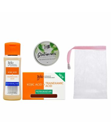 Belo Intensive Whitening Kojic acid + Tranexamic Micropeeling Toner and Bar and Glutamansi All Purpose Whitening Cream with FREE Soap Mesh