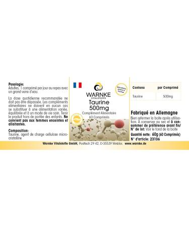 Taurine 500mg Vegan 60 Tablets - Magnesium Stearate Free | Warnke Vitalstoffe - Buy Online on GoSupps.com