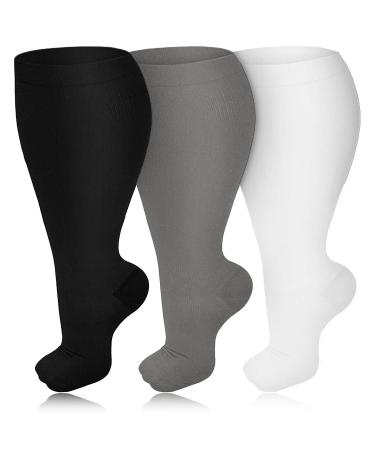3 Pairs Plus Size Compression Socks for Women & Men 20-30 mmHg Wide Calf Extra Large Knee High Flight Socks Compression Stockings for Circulation Support 2XL 3PCS-Black White Gray