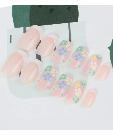 24 Pcs Pink Flower French Acrylic Press on Nails for Women | Short/Medium Glue on Fake Nails with Glue - Buy Online on GoSupps.com