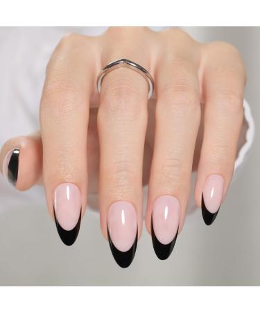 Beetles Press On Nails 30 Pcs Medium Almond Black French Fake Nails Kit with Quick-drying Nail Glue Mini Manicure File DIY Home Salon Gifts for Her Women Girls 2- French Caviar 1.00 Fl Oz (Pack of 30)